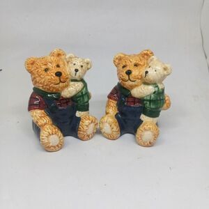 Vintage GKAO Ceramic Sitting Teddy Bears Salt & Pepper Shakers-Hugging-Baby Bear